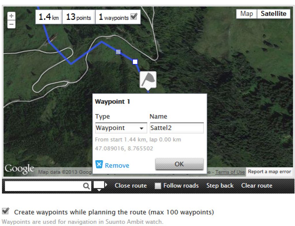 Movescount.com also makes it easy to create routes using online maps or satellite images. However, if absolute accuracy of a few meters is important, you should be careful with the waypoints.