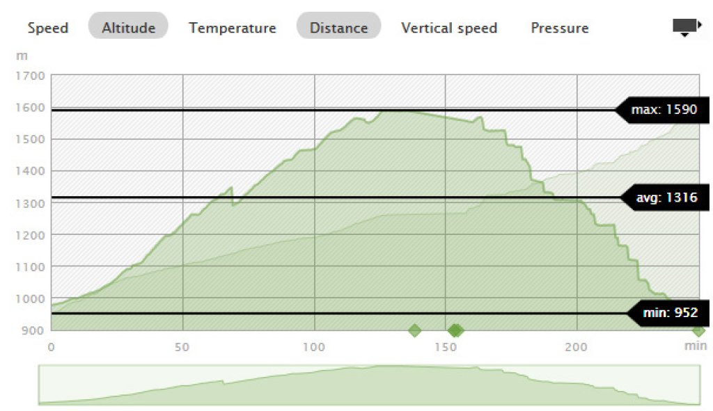 Altitude, distance, temperature or speed curves are also displayed graphically and can be combined as desired in the overlay.