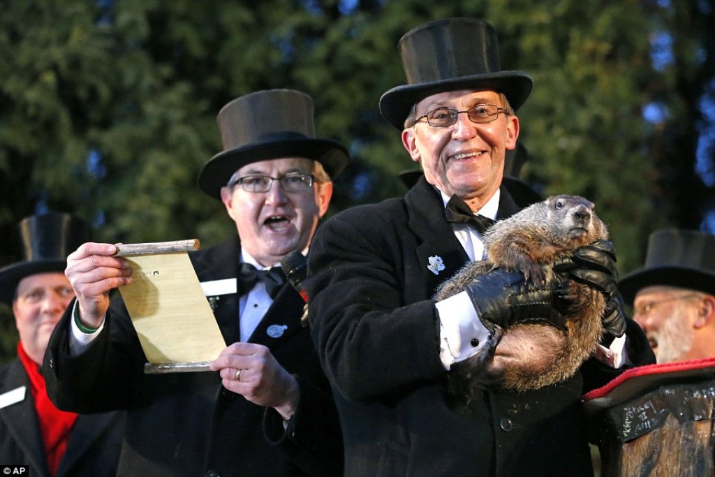 A visibly enthusiastic Punxsutawney Phil with assistants announcing his prediction.