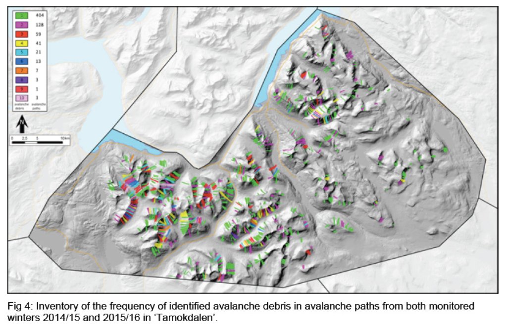 Avalanche tracks in the Tamokdalen region and how often they have occurred.