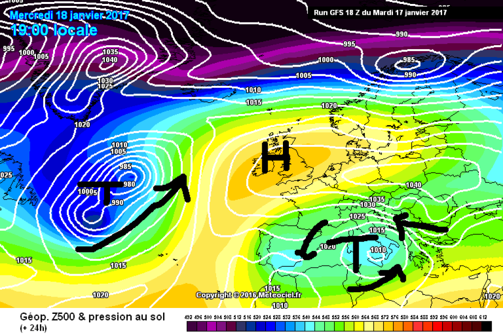 500hPa Geopotential and ground pressure, Wednesday 18.1. The Alps are located in an easterly flow between a low in the Mediterranean and a high near England.