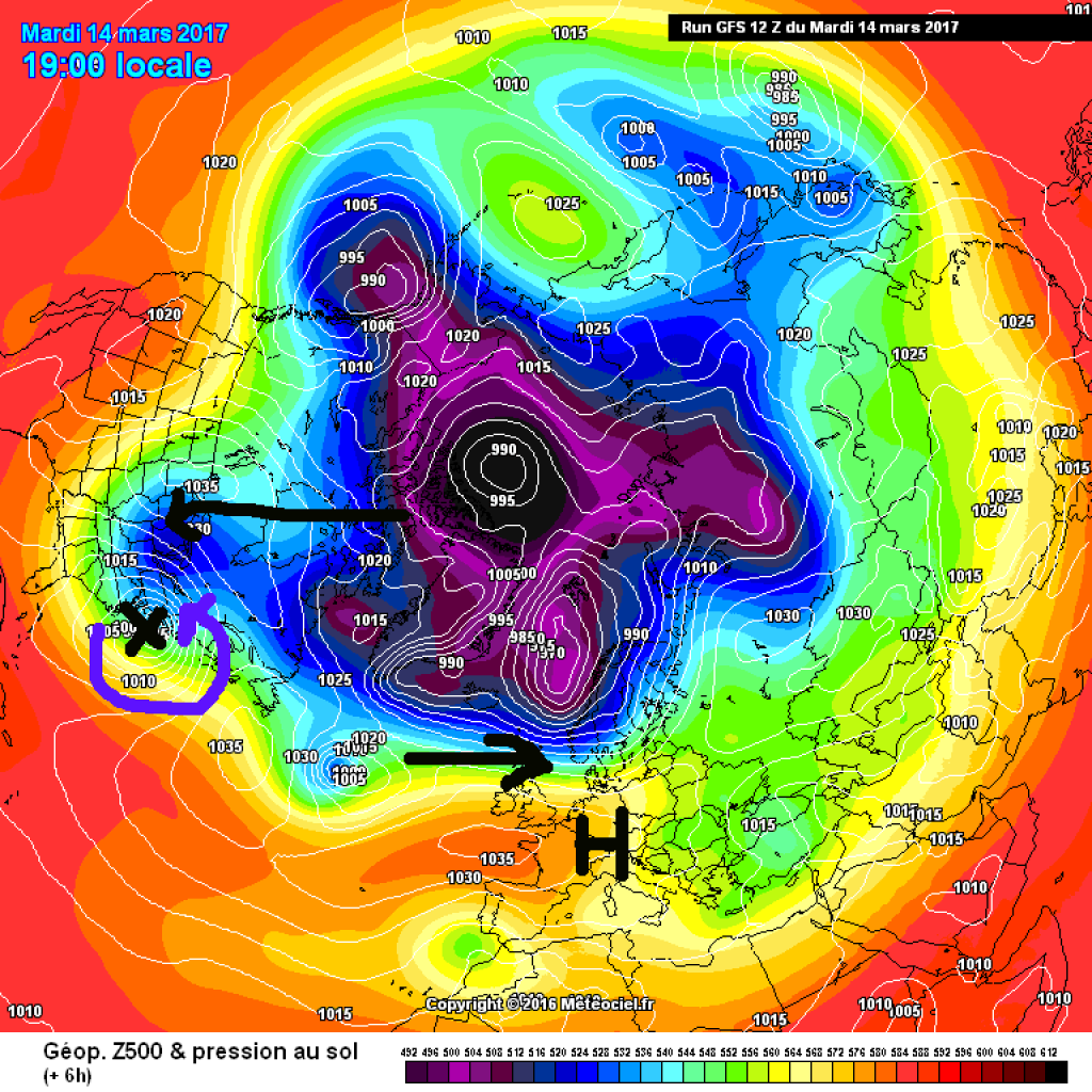 The same in the northern hemisphere view. High pressure in the Alps, Forntal zone far to the north.