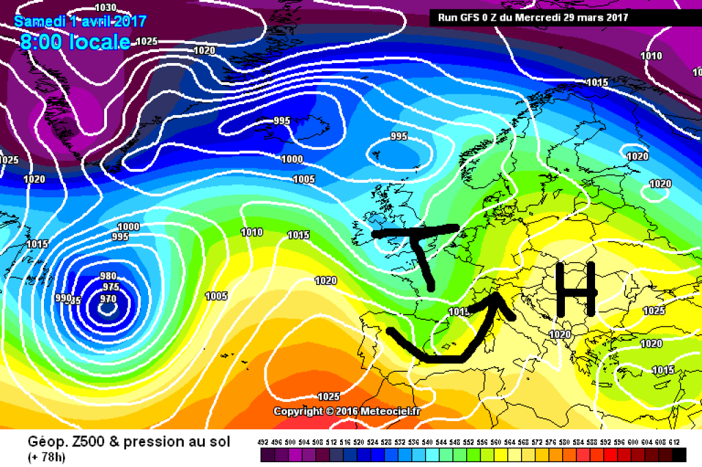 500hPa geopotential and ground pressure, Saturday 1.4. A low pressure system is approaching from the west and pushing the high of the last few days to the east. The flow turns to the south.