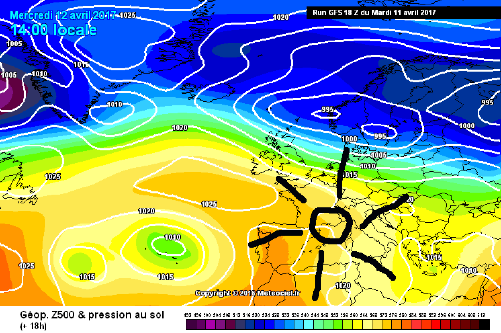 500hPa geopotential and ground pressure today (Wednesday): Intermediate high pressure in the Alpine region.