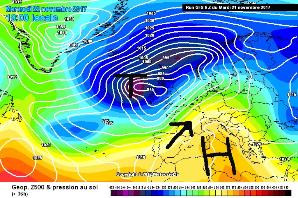 500hPa geopotential, Wednesday 21.11. (forecast). The large-scale pressure centers have shifted, high pressure and mild temperatures in the Alps.