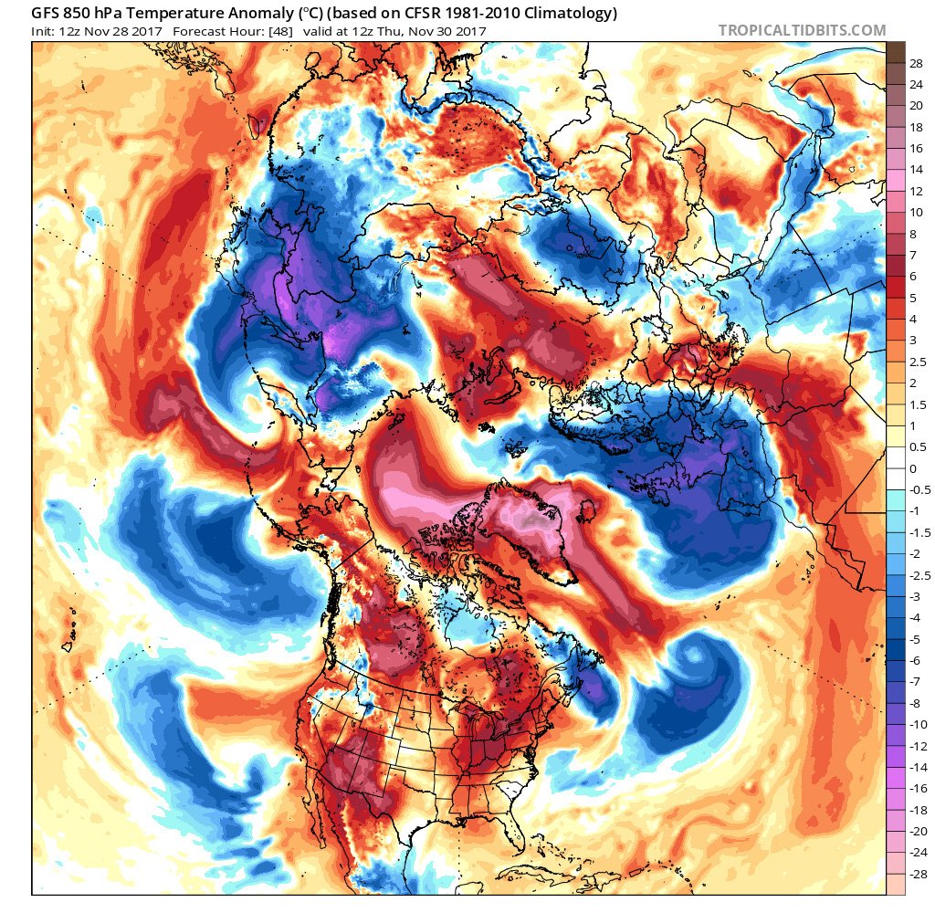 2m temperature anomaly, forecast for Thursday, 30.11., northern hemisphere view: cold in Central Europe, warm at the North Pole.