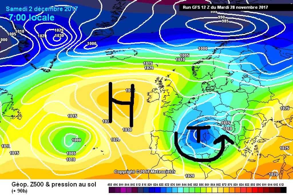 500hPa geopotential, 2.12.: The drained Mediterranean low will probably remain weather-determining over the weekend.