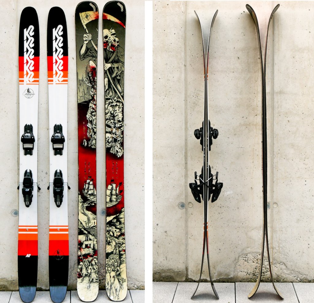 10 years difference - on the left the Catamaran compared to K2's first rockered powder ski Hellbent (both on the right)