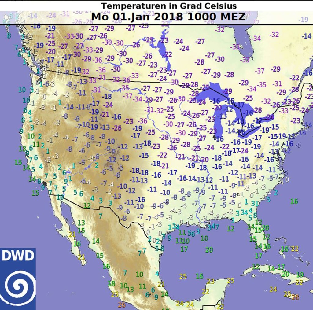 Temperatures in the USA on New Year's Day. Significant frost far to the south (Texas is at about the same altitude as Morocco...)