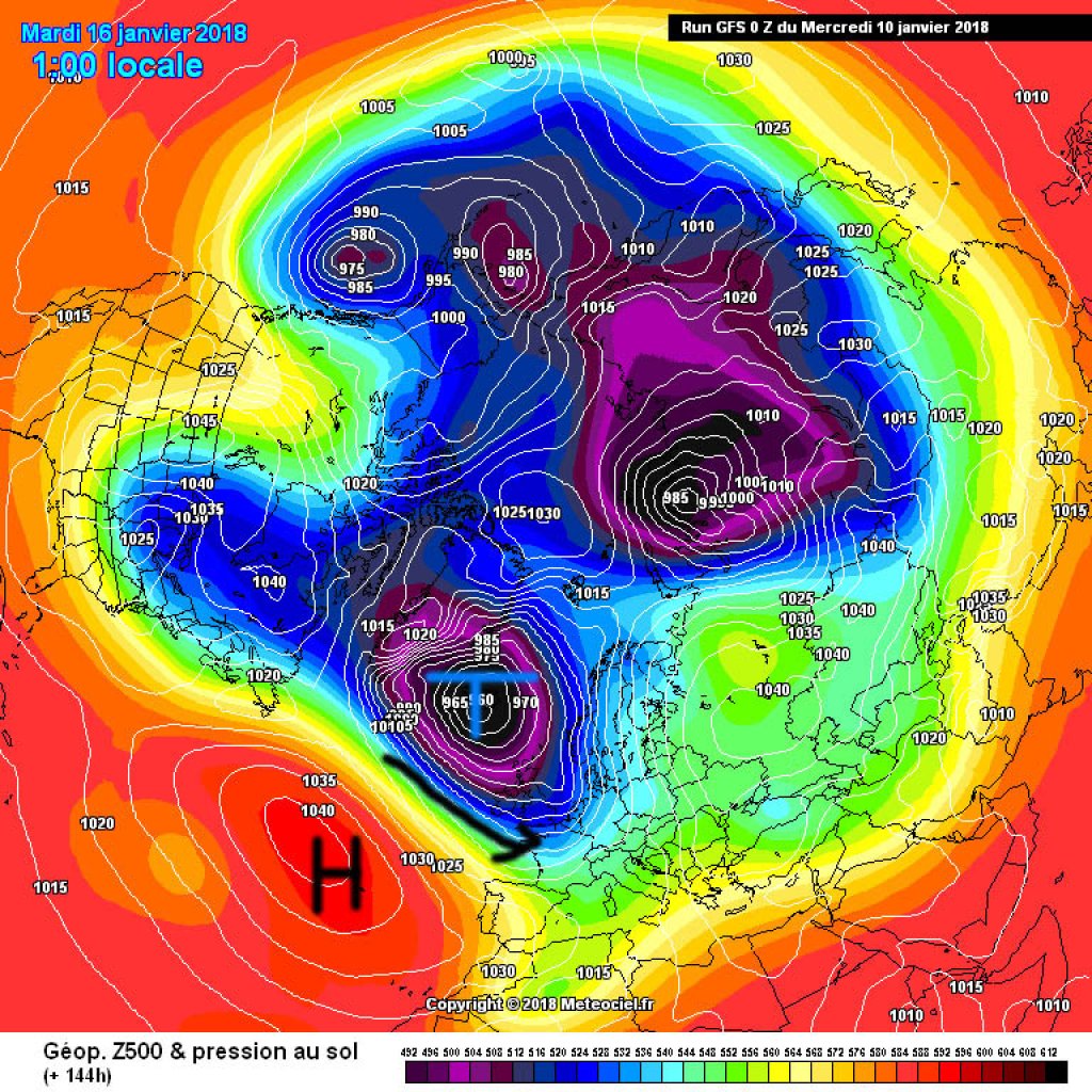 500hPa geopotential, forecast Tuesday 16.1. Potential for a NW situation in the Alpine region. Also worth mentioning is the renewed division of North America into warm west and cold east.