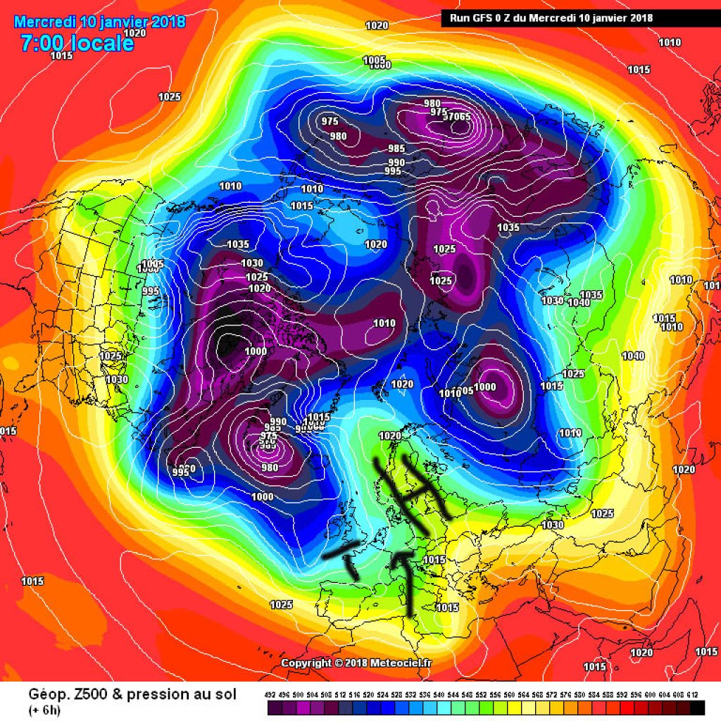 500hPa geopotential, northern hemisphere view, Wednesday, 10.1. The low pressure system near Spain slides into the Mediterranean and the Föhn breaks down. The precipitation in the west will stop and it will get a little colder again in the north.