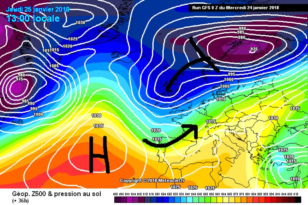 500hPa geopotential and ground pressure, forecast for Thursday, 25.1.18. The Alps are moving into a SW current, there will be accumulation precipitation in the south and Föhn in the north.