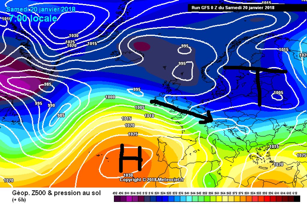 500hPa geopotential and ground pressure from last Saturday, 20.1. Strong NW flow brings disturbances. Mild air masses in the west.