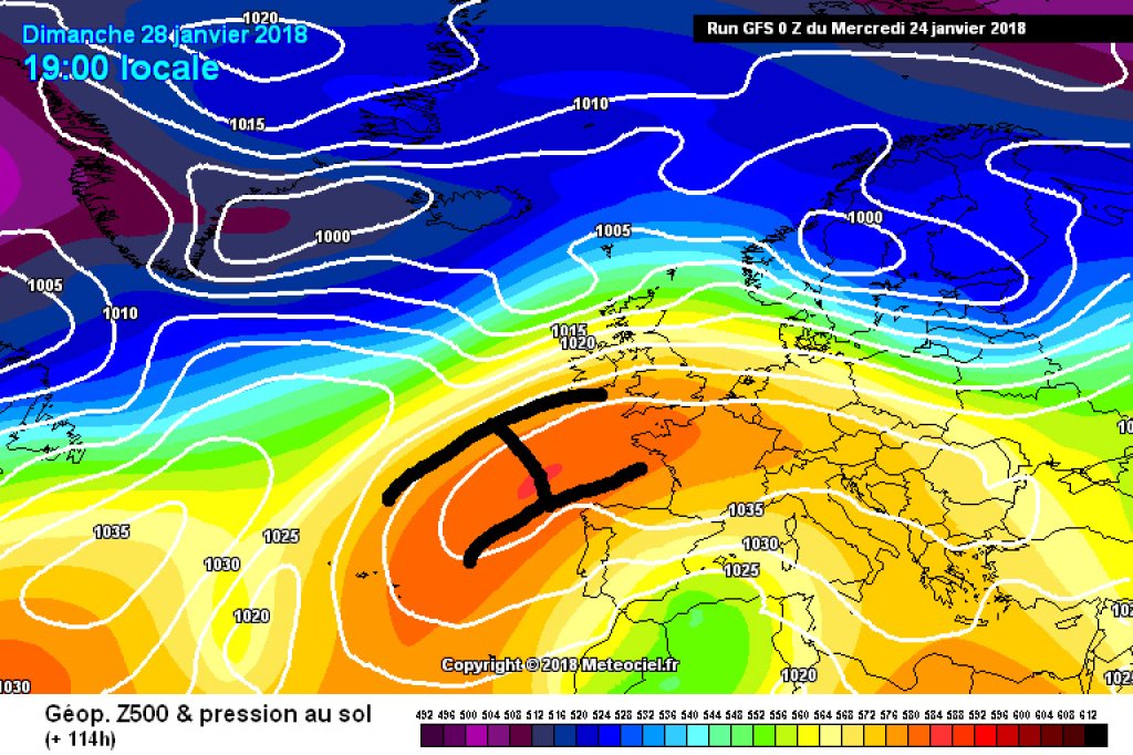 500hPa geopotential and ground pressure, forecast for Sunday, 28.1.18. A high pressure bridge will bring mild air and sunshine. This constellation could last for some time.