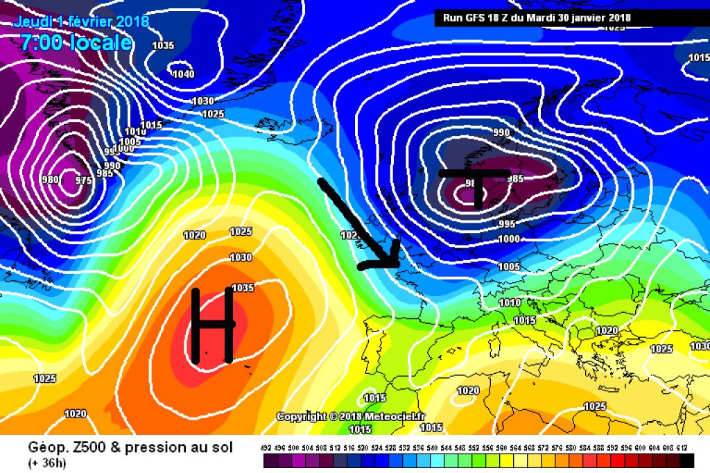 500hPa Geopotential and surface pressure for Thu, Feb 1 Azores high is rising, low pressure system with cold front is advancing southwards.