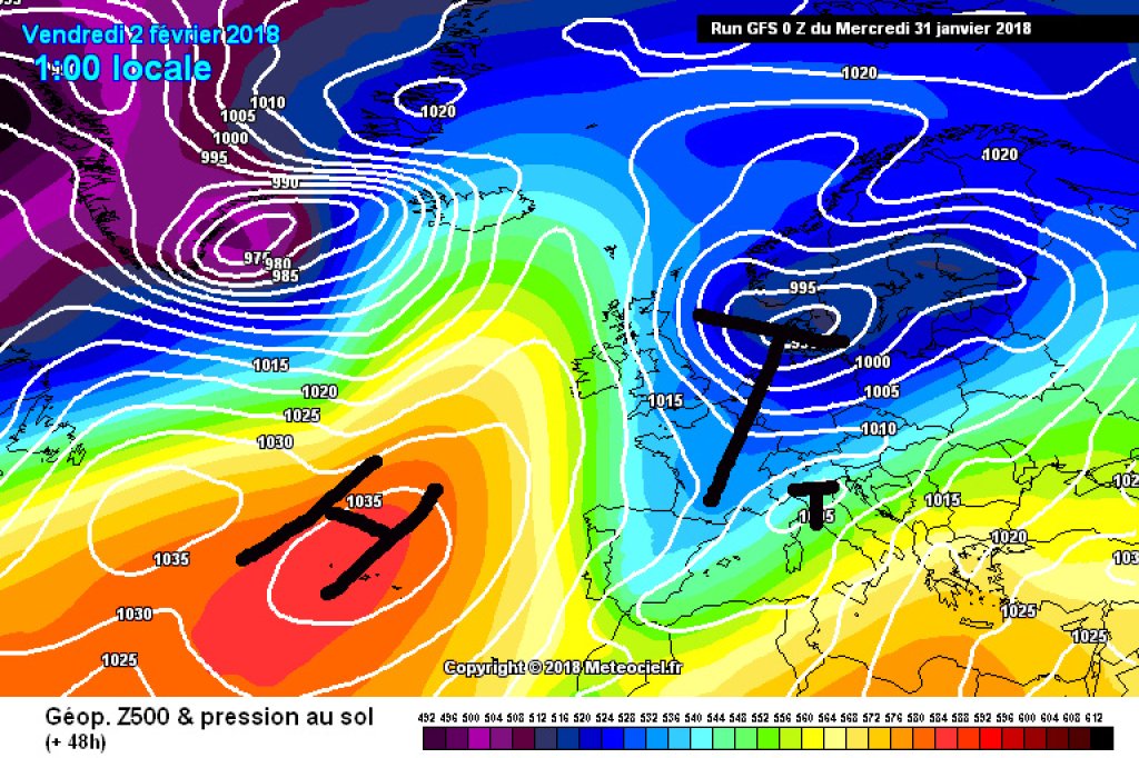 500hPa geopotential and surface pressure for Fri, Feb 2 Small marginal low in the southeast could cause surprises