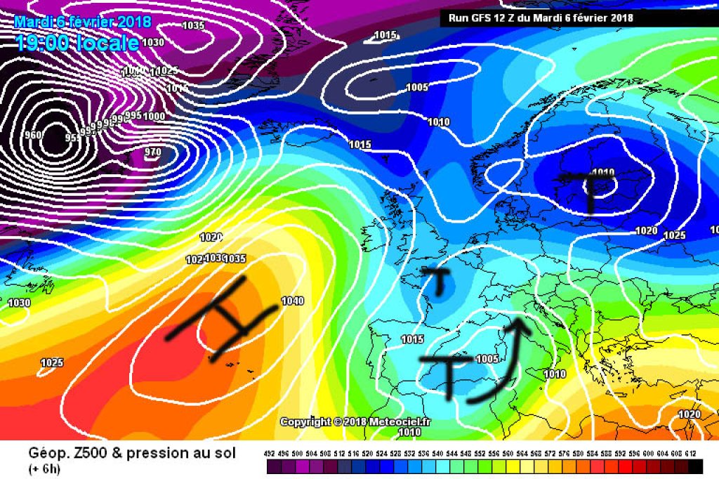 500hPa geopotential and surface pressure from Tuesday 6.2. A small low pressure trough near Spain will provide a foehn-like flow and some fresh snow in the south. Remnants of the low pressure trough to the north.