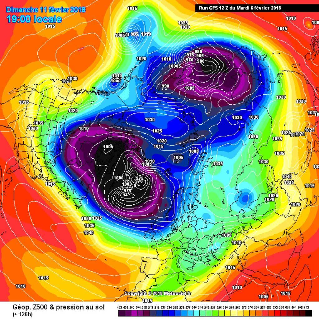 500hPa geopotential and ground pressure, forecast for next Sunday. Polar vortex with clear dipole structure.