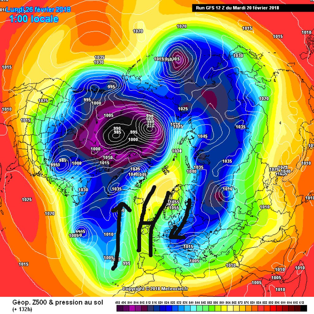 500hPa geopotential and ground pressure, Monday 26.2. Northern hemisphere view. Polar vortex split and elongated, blocking high. Cold air flows in from the east.