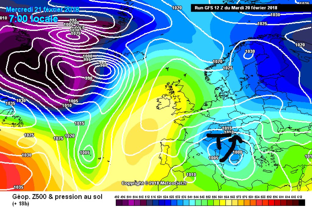 500hPa geopotential and ground pressure, Wednesday 21. 2. Mediterranean low creates tension in the southeast.