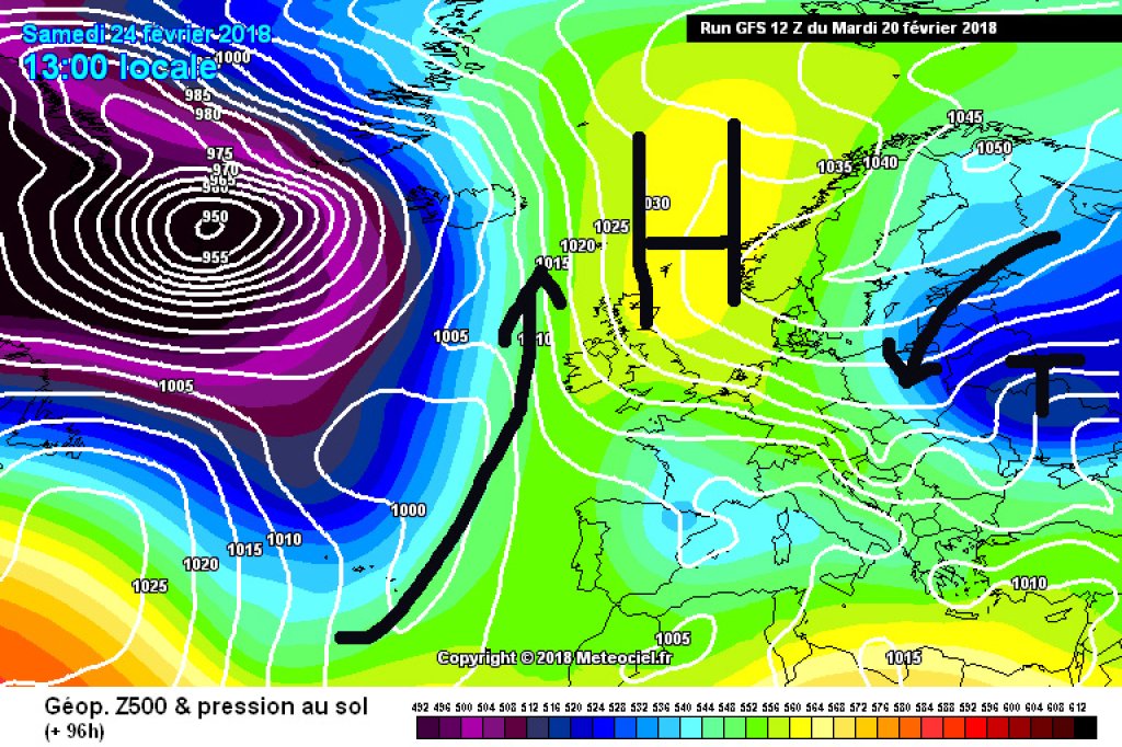 500hPa geopotential and ground pressure, Saturday 24.2 Blocking high establishes itself, cold air can flow in from the east.