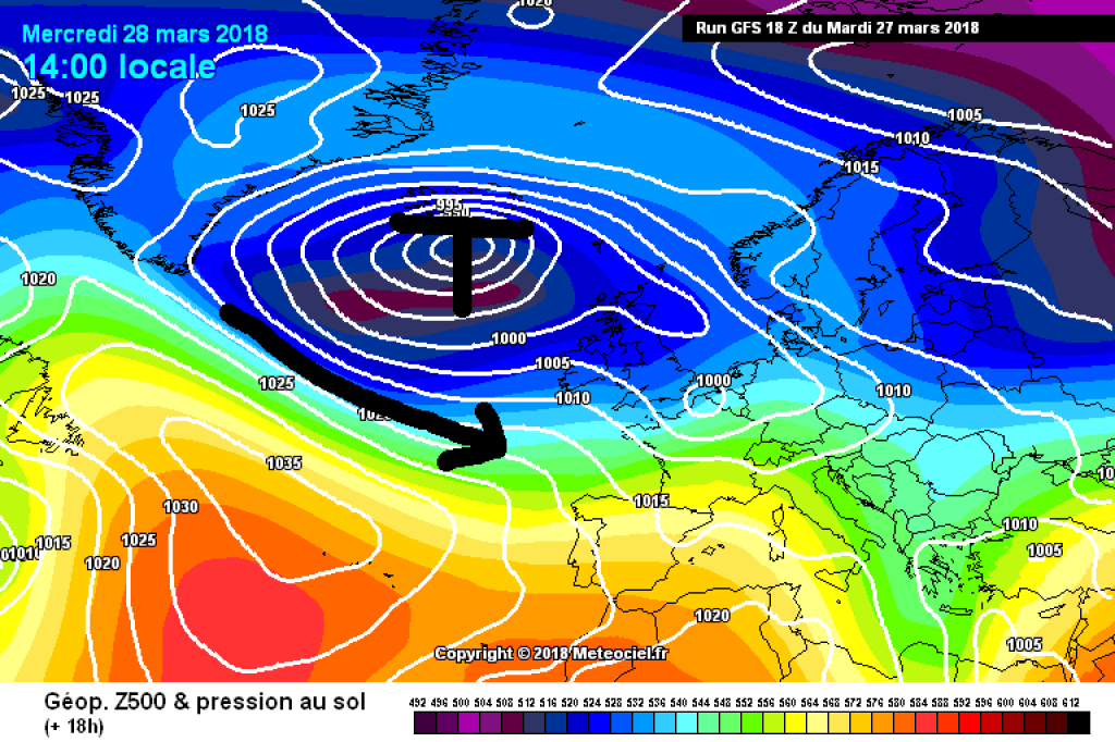 500hPa geopotential and ground pressure, Wednesday 28.3. disturbance embedded in a westerly flow bringing precipitation.