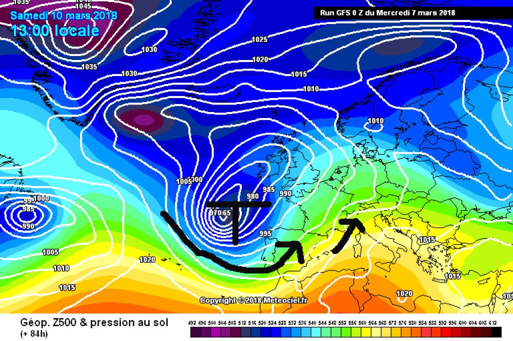 500hPa geopotential and ground pressure, forecast for next Saturday. A remnant of the first nor'easter now lies off the European Atlantic coast and is providing a strong SW flow.