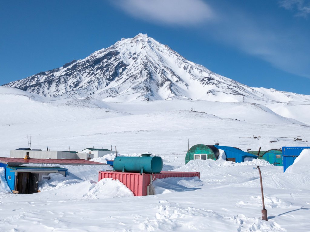 Avacha Camp with the Koryaksky volcano in the background