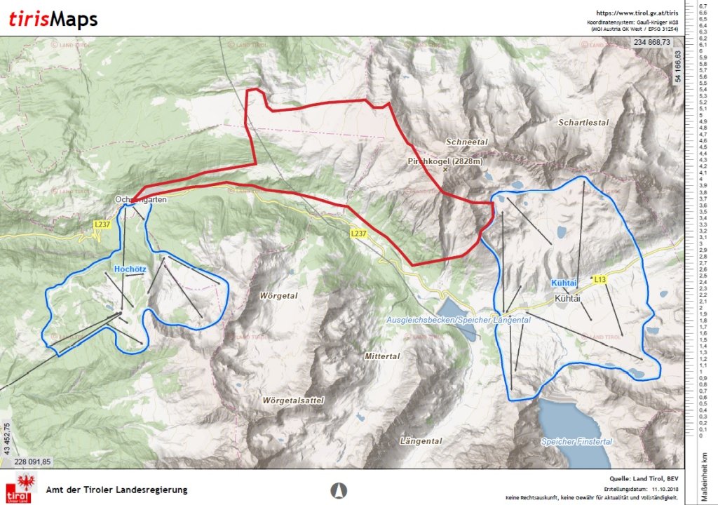 In red the area that would be affected by a connection between Hochoetz and Kühtai