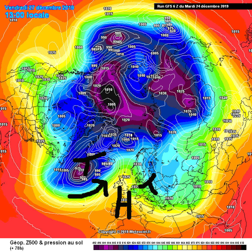 500hPa geopotential and ground pressure, Friday 27.12.: After a break from the sun on Thursday, there's another low. High still nearby.