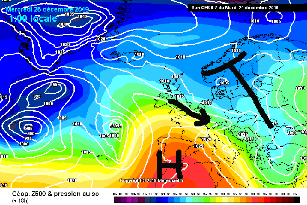 500hPa geopotential and ground pressure, today, Wednesday 25.12.: The high is already nearby, but the NW current still dominates our weather.