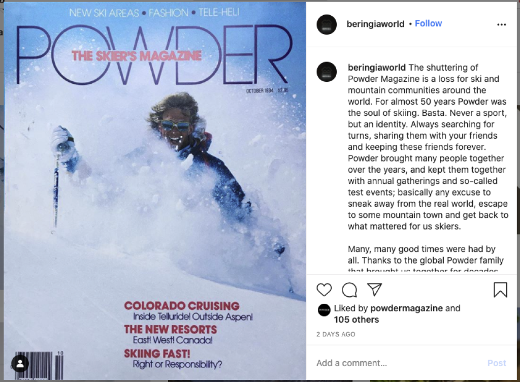 Obituaries for Powder are currently filling social media feeds, this one accompanied by a cover from 1984 (photo Marko Shapiro, rider Ace Kvale)