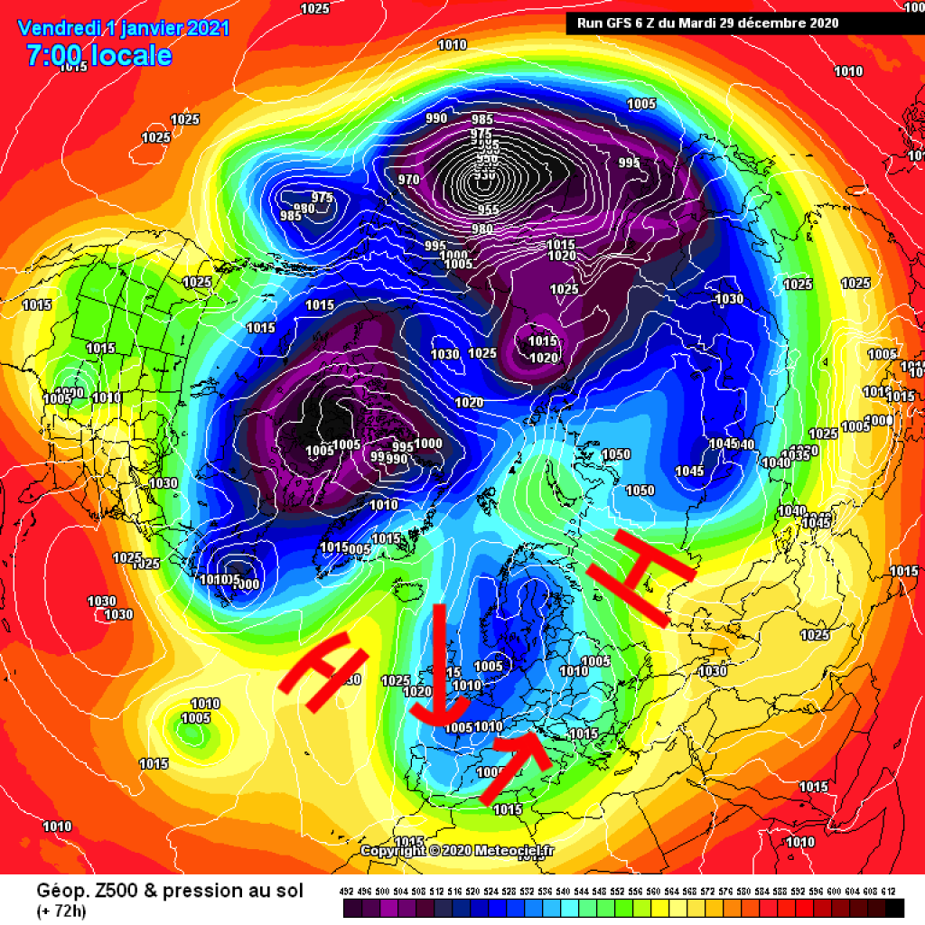 500hPa geopotential and ground pressure, 1.1.21. Small shifts in the otherwise little changed overall situation produce a new round of südstau.