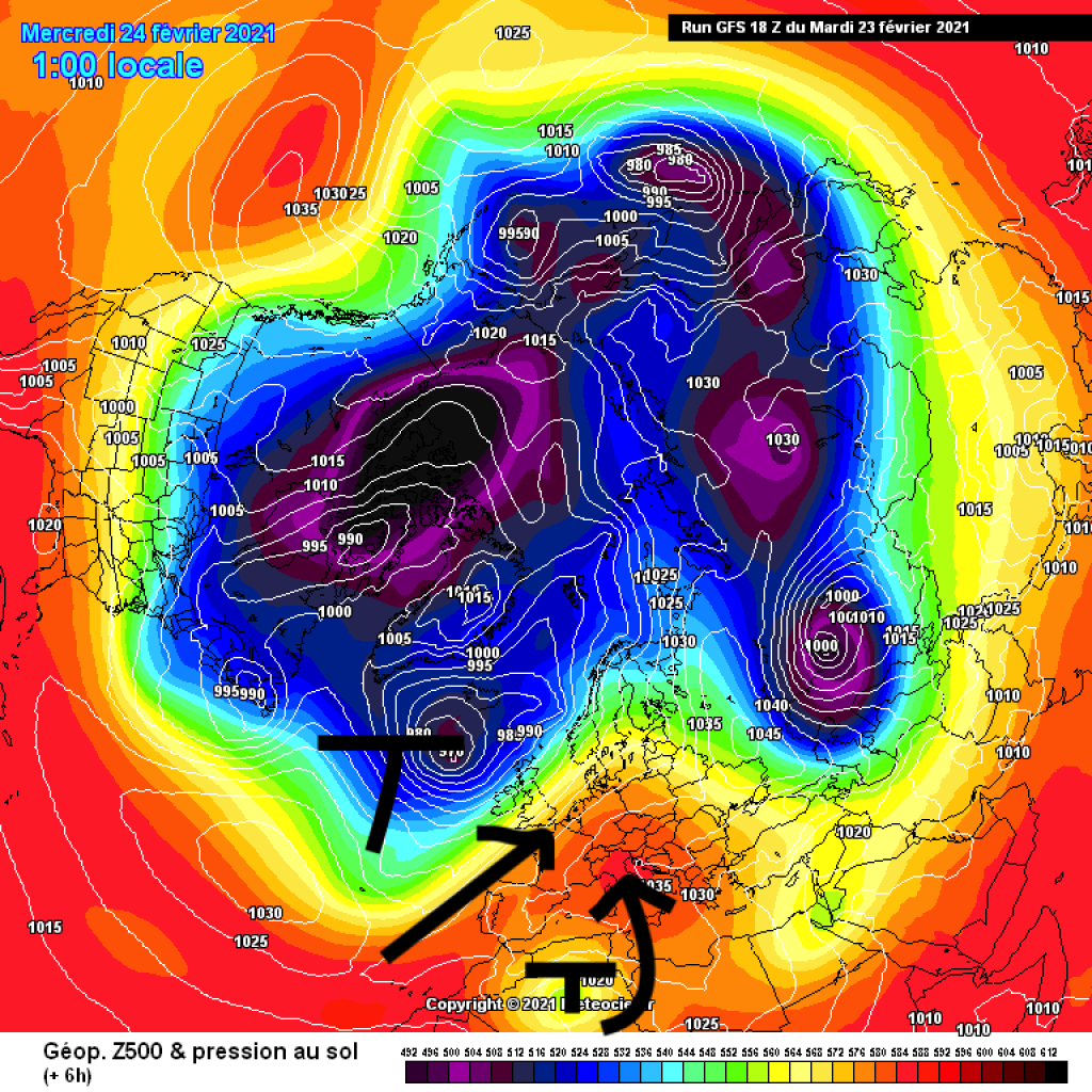 500hPa geopotential and ground pressure, Wednesday, 24.2.21. Small low over North Africa brings desert air and dust.