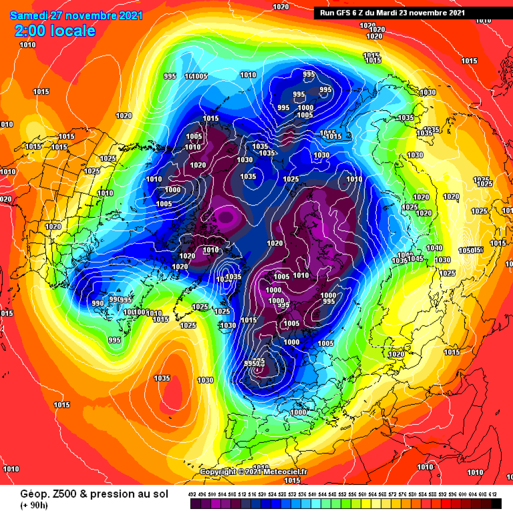 500hPa geopotential and ground pressure, GFS, for Saturday, 27.11.21: Disturbed polar vortex, Atlantic high extending far to the N, low pressure and cold air masses over Central Europe and the Alpine region.