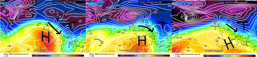 500hPa geopotential and ground pressure, GFS, today, Thursday, Saturday.