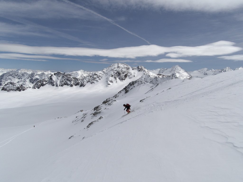 Extensive touring terrain between the glacier ski areas.