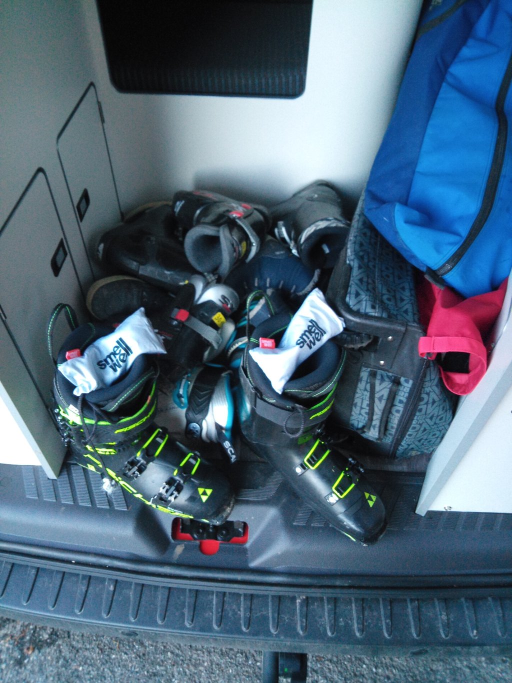 For practical reasons, the shoes stay in the back of the car anyway