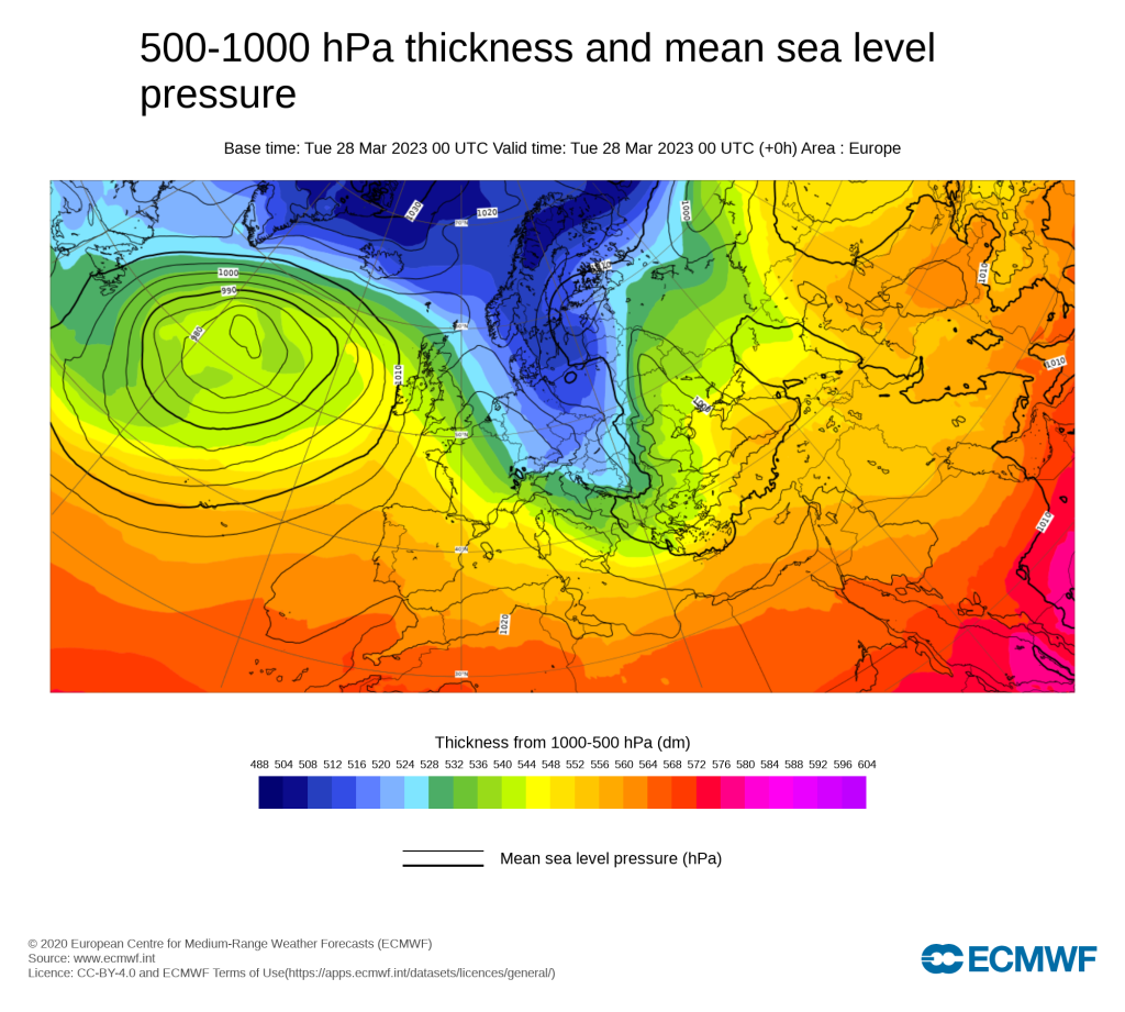 Current advance of cold air to the north side of the Alps:

500-1000 hPa thickness is a measure of the mean temperature of a column of the atmosphere between these pressure levels and can be used to distinguish between warm and cold air masses and to indicate frontal zones (i.e. areas of large temperature gradient, where the thickness values are more closely packed together).  Roughly, 500-1000 hPa thicknesses below about 528 dam imply air comes from polar regions and thicknesses above 564 dam imply air comes from tropical areas.