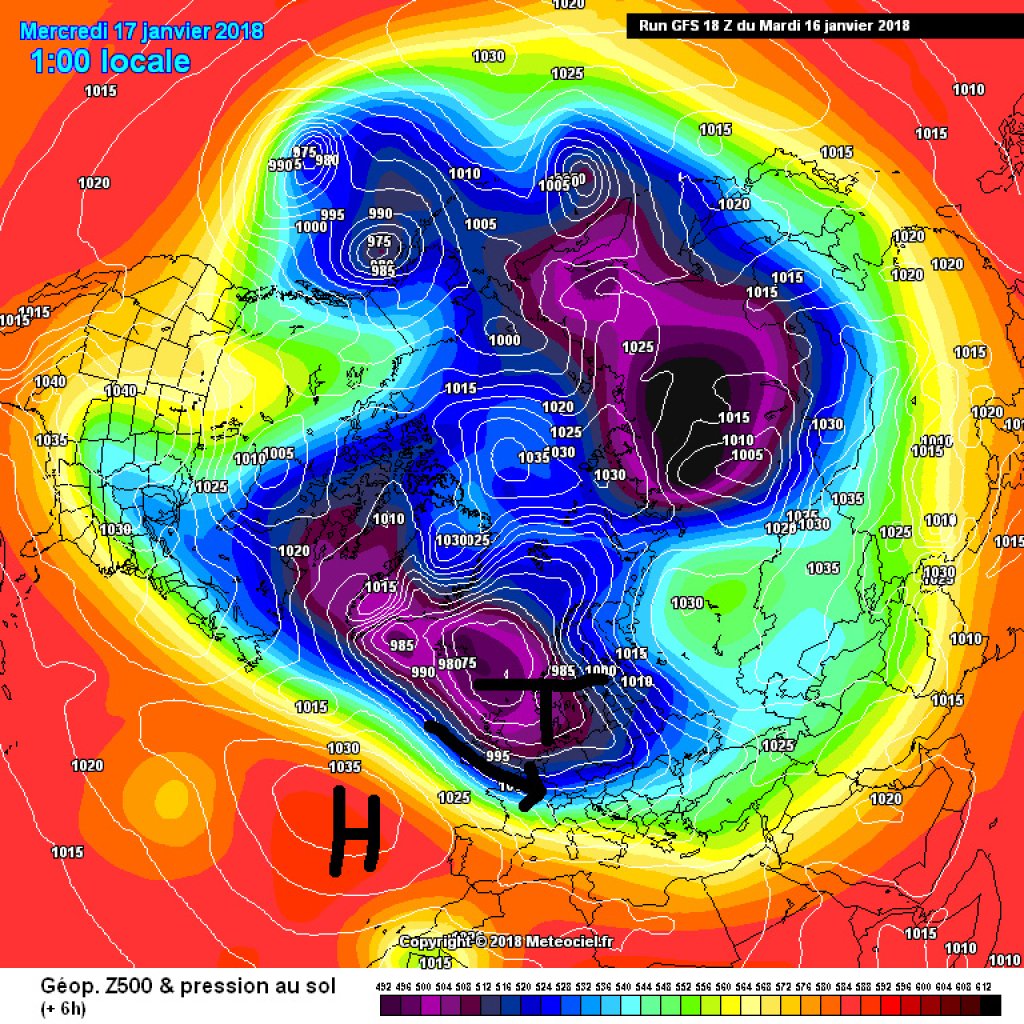 500hPa Geopotenial und Bodendruck, Mittwoch 17.1. Ein Tief mit Kern bei Island schickt eine Störung nach der anderen. 